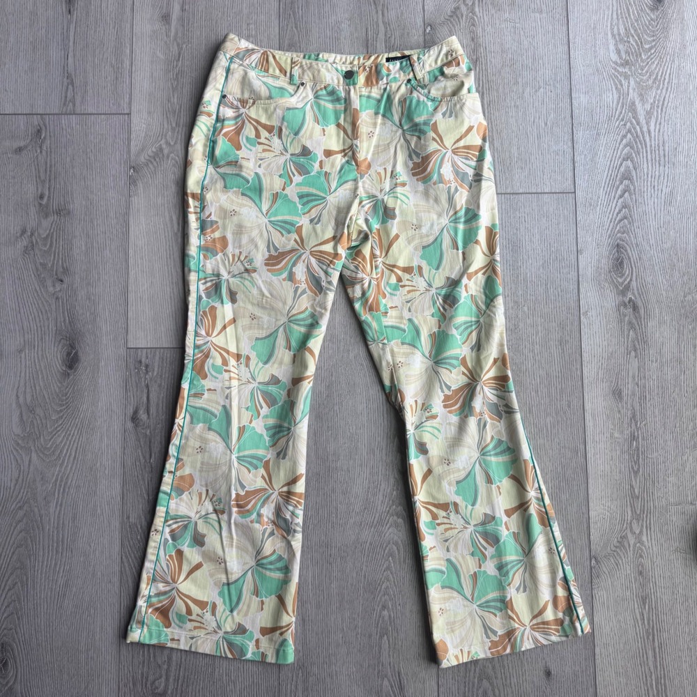 Arnold Palmer Prestige Vintage Floral Flared Pants Green Tan Mid Rise 73-94
